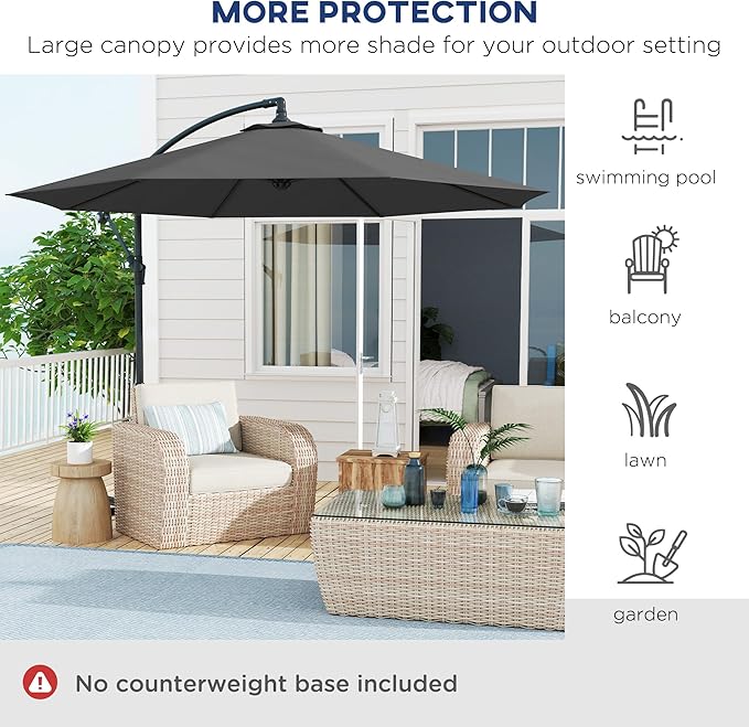 Outsunny 10' Cantilever Hanging Tilt Offset Patio Umbrella with UV & Water Fighting Material and Cross Base (Weight Not Included)