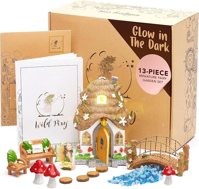 WILD PIXY Fairy Garden Kit - 13 Piece Glow in the Dark Decorative Accessories with 7.1" Outdoor Fairy House with Opening Door and Solar LED Light, Garden Door for Trees, Stones, Indoor/Outdoor Decor