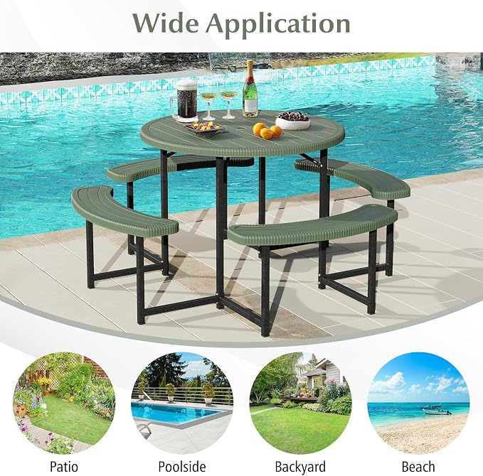 Byroce 6-8 Person Picnic Table for Outdoors, HDPE Picnic Table Set with 4 Benches, Umbrella Hole & Metal Frame, Heavy Duty Round Dining Table Chairs for BBQ Party in Patio, Yard & Poolside (Green)