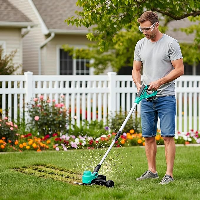 IDEALHOUSE 20V Cordless String Trimmer/Edger, 2-in-1 Weed Trimmer with Guide Wheel for Clean Edges, 12" Cutting Swath, Adjustable Length, Includes 8 Spools, Black & Lake Blue