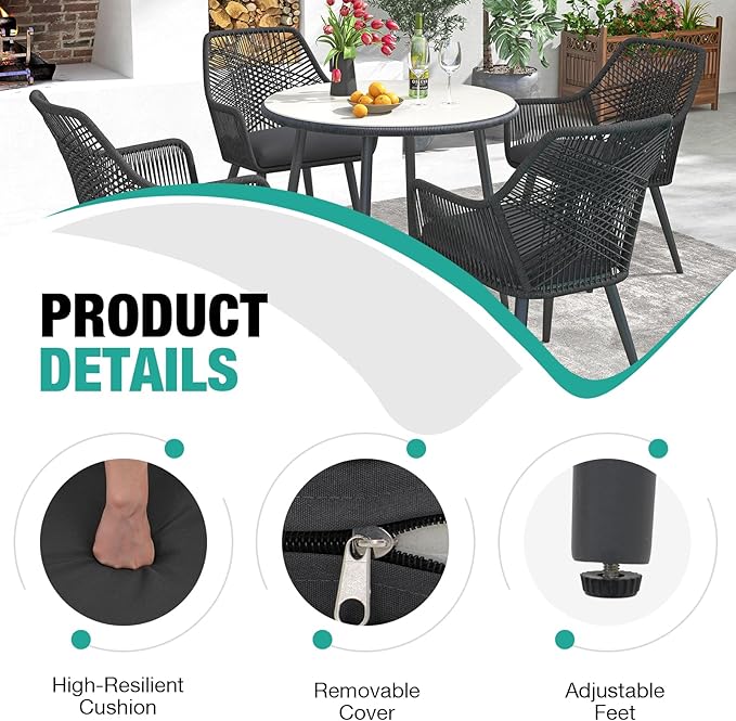 Patiorama 5-PC Patio Dining Set,Outdoor Dining Table Chair Set,All-Weather Twisted Rattan Wicker Rope Conversation Set,Patio Furniture Set w/Umbrella Hole,Cushioned Chairs&Table(Dark Grey&Cross Back)