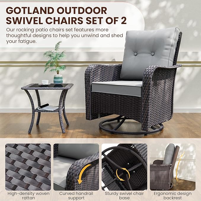 Gotland 11 Pieces Patio Furniture Set with Fire Pit Table Swivel Chairs, PE Rattan Outdoor Furniture with 29.5'' High Backrest 4’’ Thick Cushions, Outdoor Sectional for Porch, Deck, Garden, Grey