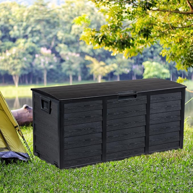 VINGLI 75 Gallon Outdoor Storage Box, Patio Deck Box Furniture with Lockable Design, Plastic Storage Containers with Lid for Garden | Pool | Balcony | Yard (Full Black)