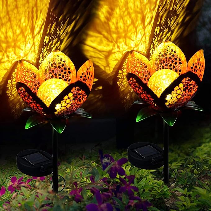 Outdoor Solar Tulip Light, Crackle Globe Glass Metal Flower Decorations Lights for Lawn Ornaments, LED Lotus Hollow Petal Stake Light for Patio Yard Lawn Walkway Ground (Tulip - 2pcs)