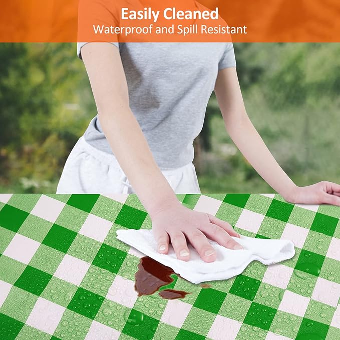KENOBEE 6ft Picnic Table and Bench Cover, Camping Essentials RV Gear, 72in Waterproof Windproof Outdoor Elastic All Around Tablecloth, Fitted Rectangle Tables and Seats, Green-White Checkered