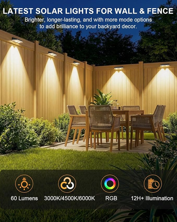 20 Pack Solar Fence Lights Outdoor ,Warm White + RGB 13 Color Mode Fence Lights Solar Powered with Ultra-Bright Lens IP65 Waterproof,Solar Wall Light for Backyard/Step/Patio/Deck/Stair/Railings/Fence