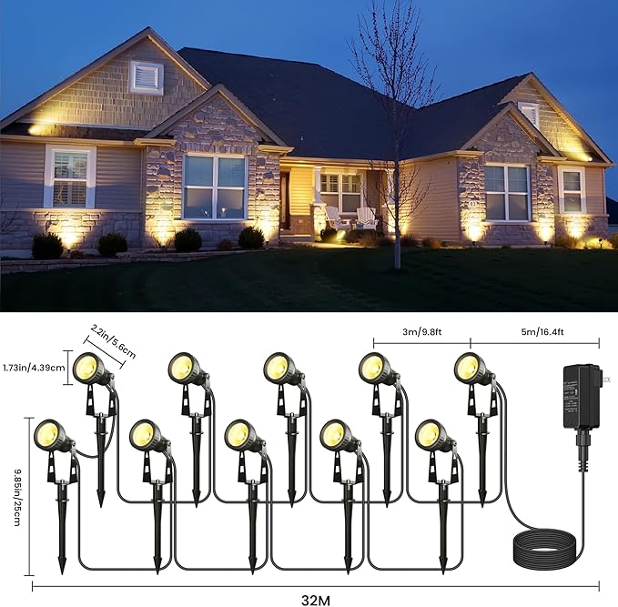 Zuske Outdoor Landscape Lighting, 10-Pack Low Voltage LED Spot Lights with Transformer, Waterproof IP65 Outdoor Landscape Lights for Garden, Yard, Backyard, Lawn, Trees, House, Flags – Warm White