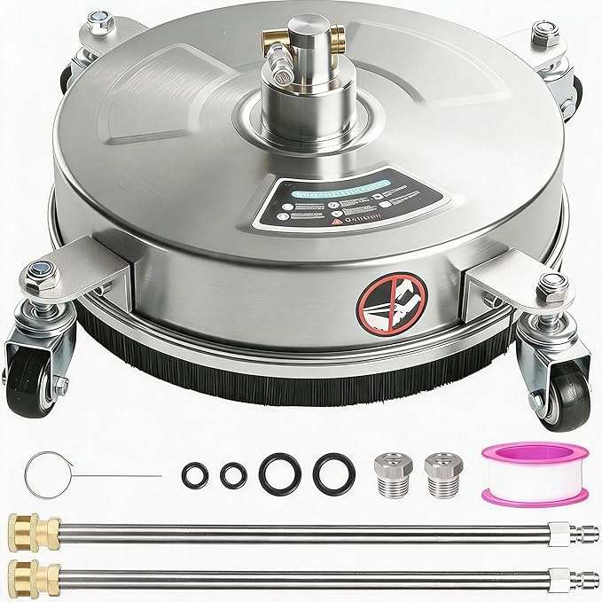 16.5" Pressure Washer Surface Cleaner, 4000 PSI Stainless Steel Power Washer Attachment with 4 Wheels and 2 Extension Wands, 1/4" Quick Connect for Cleaning Driveways, Concrete