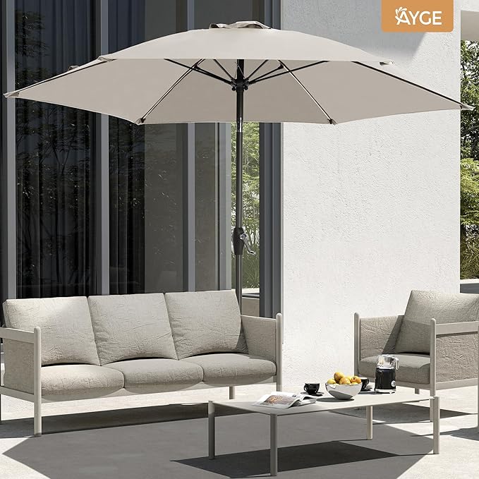 Ayge 7.5FT Large Outdoor Patio Umbrella Market Table Umbrella-UV Resistant,Easy Push Button Tilt and Crank, 6 Sturdy Fiberglass Ribs Heavy-Duty Pool Umbrella for Deck,Backyard,Garden,Yard,Light Grey