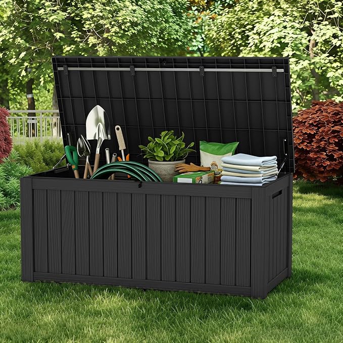 Pepe Tee 120 Gallon Waterproof Resin Deck Box, Outdoor Storage Bin for Patio Furniture Cushions, All-Weather Garden Organizer & Seating Bench, Black