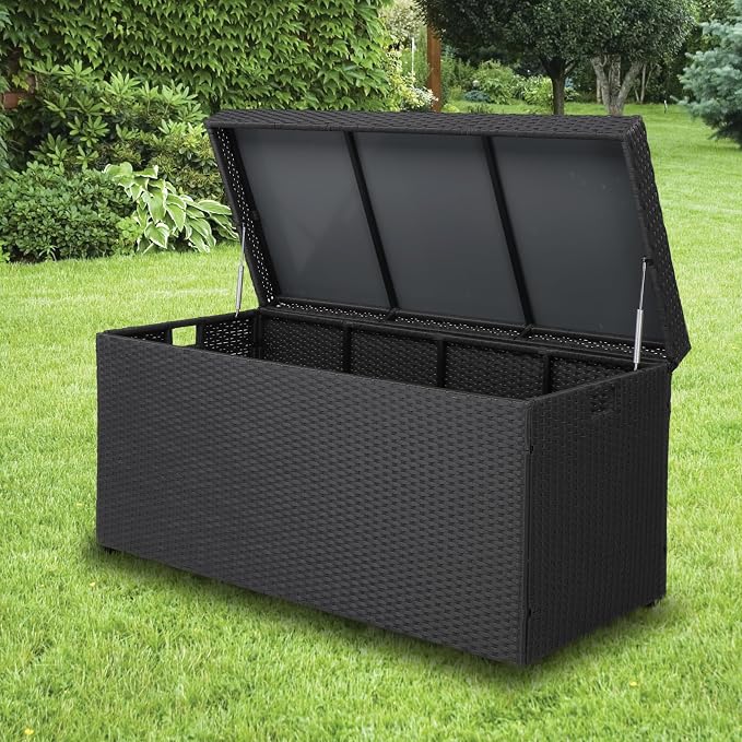 Bonnlo 132 Gallon Wicker Storage Box - Outdoor Rattan Deck Box with Bench Seat, Multi-Use Storage for Patio, Pool, Garden, Balcony