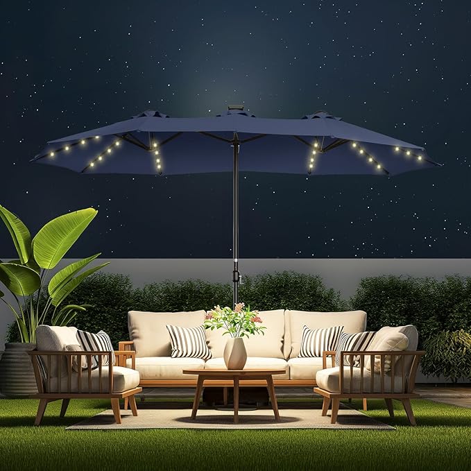 HOMSHADE Double Sided Patio Umbrellas - 13ft Solar Lights LED Lighted Outdoor Extra Large Market Table Umbrella with Base Included, Oversized Umbrella for Deck, Pool, Backyard