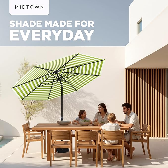 Midtown Umbrellas - 10-Year-No-Fade 9 Ft Patio Umbrella with Terylast Fabric, Auto-Tilt Aluminum Frame and 8 Reinforced Ribs for Deck, Pool, Garden & Beach - Green/White Stripes Canopy, Black Pole