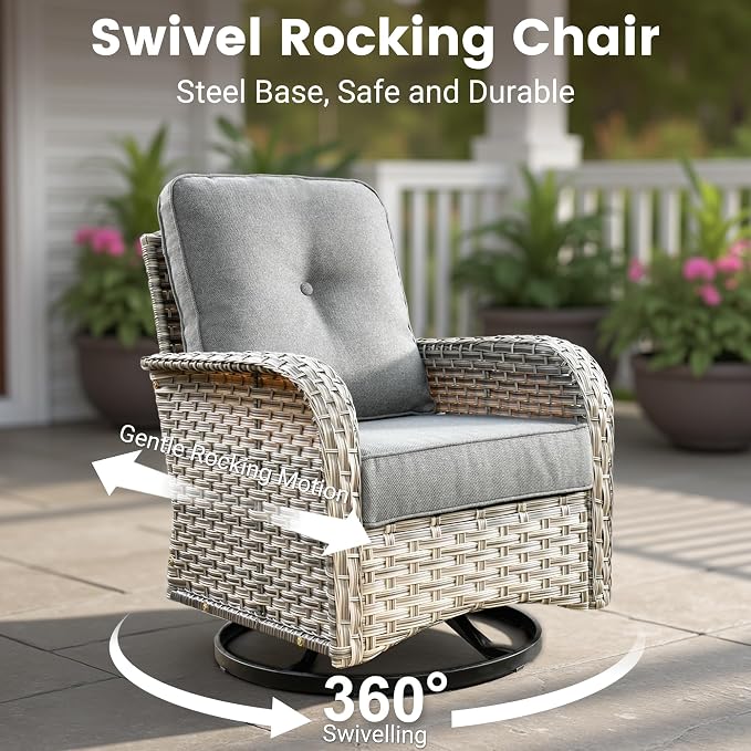Outdoor Sectional Patio Furniture Set with Fire Pit Table,11 Pieces Rattan Wicker Conversation Sets L Shaped Couch,Out Door Furniture with Swivel Chairs Glowing Coffee Table,Dark Grey
