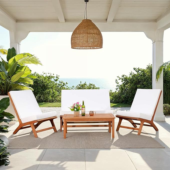 SAFAVIEH Outdoor Collection Chaston Natural Wood/Beige Cushion 4-Piece Conversation Patio Set