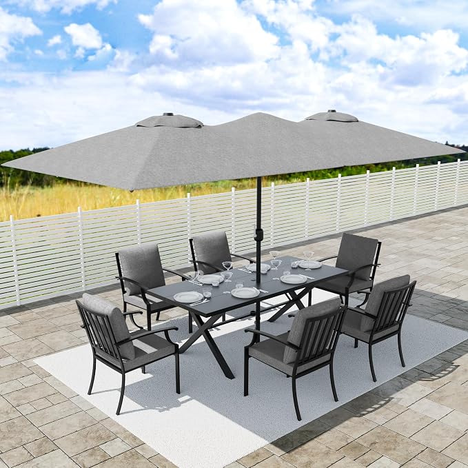 8 PCS Outdoor Patio Dining Set with 13.6ft Double-Sided Patio Umbrella,Patio Table and Chairs Metal Outdoor Patio Furniture Set,Dining Table Set with 6 Chairs,Grey