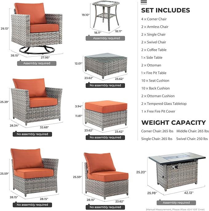 16 Pieces Patio Furniture Conversation Set with 42" Fire Pit Table Rocking Chair Outdoor Sectional Gray Wicker Sofa Set