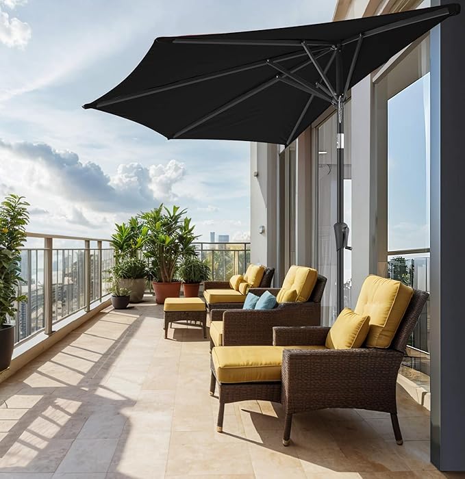 FLAME&SHADE 9ft Half Patio Umbrella - Half Outdoor Umbrella with Tilt UV Protection Waterprool, Half Round Table Umbrella for Wall Balcony, Pool, Porch, Garden, Deck, Market, Backyard (Black)