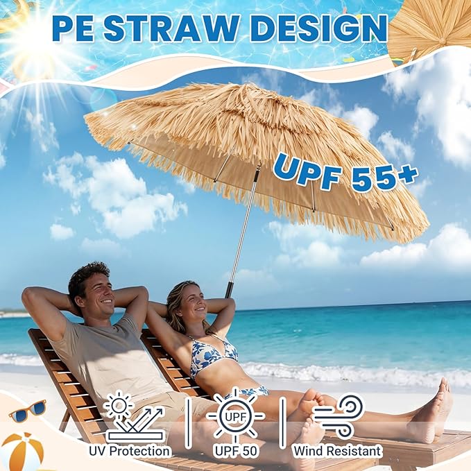 Aliceset 1 Pack Beach Chair Umbrella, 360° Adjustable Tiki Straw Clip on Umbrella, UV Protection, 52 Inch, 180° Swivel Hinge, 8 Ribs Sun Shade for Tropical Patio Camping Pool Fishing Sand Rv Travel