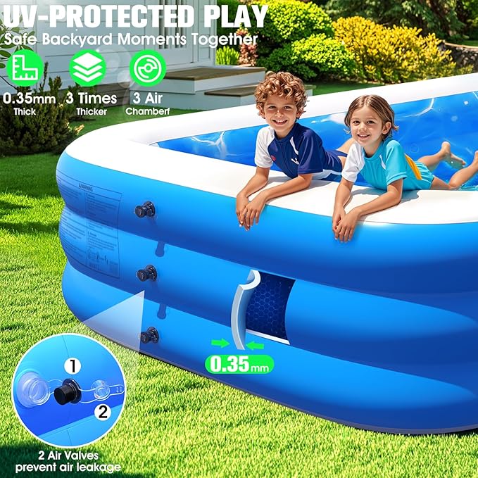 Inflatable Pool with Pool Lights and Seat, Durable Thickened Large Size Family Inflatable Pools for Adults Blow Up Pools,110" x 63" x 20"Swimming Inflatable Kids PooI for Backyard,Outdoor (White)