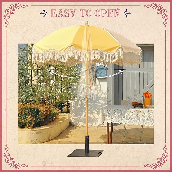 LAGarden Fringe Patio Umbrella with Carry Bag & Cover Vintage Wood for Event Outdoor Garden Yard Wedding Bistro Table