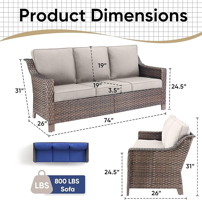 Outdoor Couch Wicker Patio Sofa-3-Seat High Back Outdoor Rattan Sofa Outdoor Patio Couch for Deck Balcony Poolside Backyard-Brown/Beige