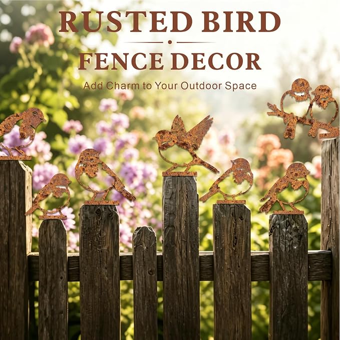 7 PCS Rust-Effec Painted Metal Bird Sculptures - Vintage Rustic Wrought Iron Bird, Vivid 2D Garden Decor for Outdoor Fences, Patio, Yard for Bird Lovers