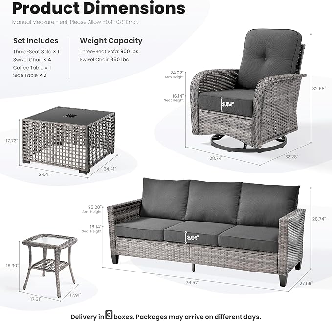 ovios 8 Pieces Patio Furniture Set, Outdoor Wicker Sofa Couch with Rocking Swivel Chairs Solar Lights Table, Modern Deep Seat Rattan Conversation Sets for Deck Porch, Black