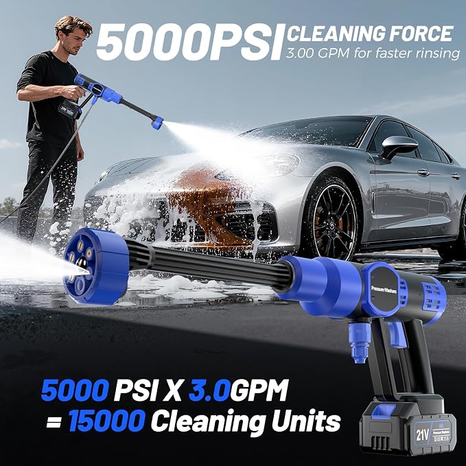 Cordless Pressure Washer, 5000 PSI Portable Power Washer with 21V 4.0Ah Battery, 6-in-1 Nozzle & Foam Cannon, Handheld Washer for Cars, Patio, Fence & Deck Cleaning.