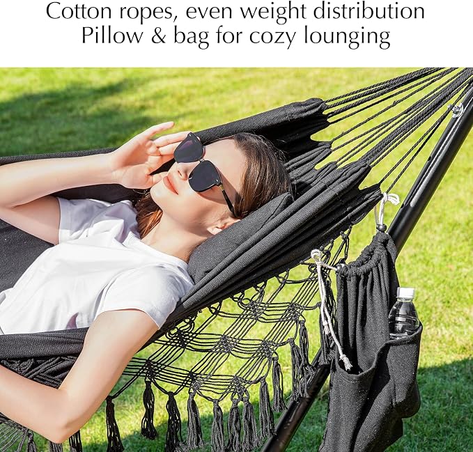 PNAEUT Handmade Tassel Hammocks, Double Hammock with Stand for Outside Indoor Outdoor, Max 450 lbs Capacity, Pillow & Storage Bag Included (Black)