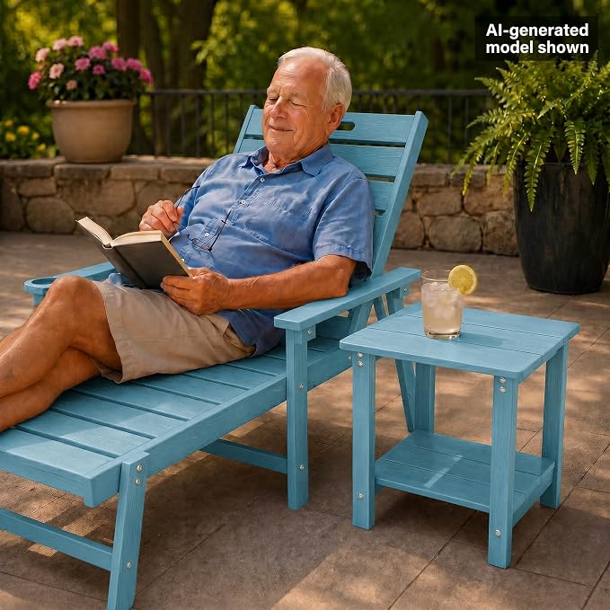 MXIMU Outdoor Side Table 2 Tier: Heavy-Duty Sturdy Warp Resistant Adirondack Table - Wood Grain Finish Outdoor End Tables - Easy Assembly & Low Maintenance Patio Side Table Blue