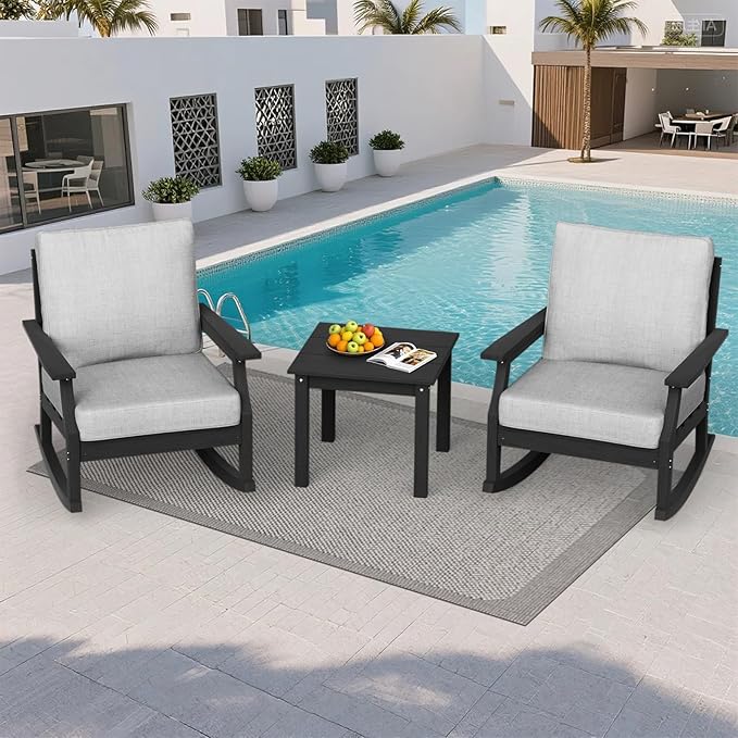 HDPE Patio Conversation Set, 3-Piece All Weather Outdoor Furniture Set with 2 Rocking Sofas for Deck, Lawn, with Cushion, Black