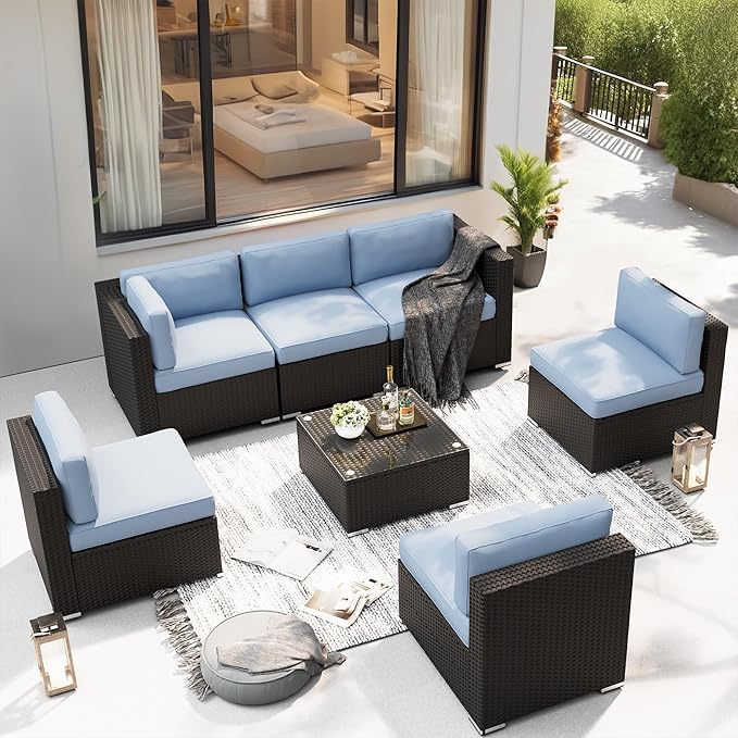 SUNCROWN 7-Piece Outdoor Patio Furniture Sofa Set All-Weather Wicker Sectional Conversation Set with Modern Glass Coffee Table, Cushions and Waterproof Cover,Light Blue
