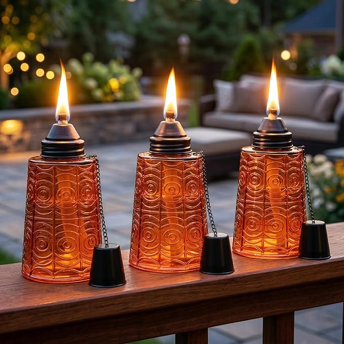 Seraphic Citronella Table Top Torches for Outdoor Patio, 16oz Decorative Glass Torch Citronella Candles for Outside Deck, Garden, Parties, Set of 3, Amber