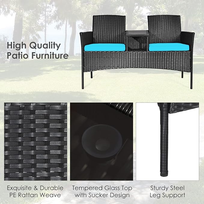 COSTWAY 2-Seat Patio Conversation Sets, Outdoor Patio Loveseat Set with Removable Cushions & Built-in Coffee Table for Backyard, Garden, Lawn, Balcony, Brown+Turquoise