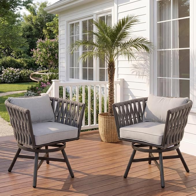 Grand patio Swivel Dining Chairs Set of 2, Rope Patio Outdoor Chairs with Cushions, Heavy Duty Outdoor Patio Bistro Chairs for Lawn,Garden,Deck,Backyard,Porch and Balcony, Light Gray