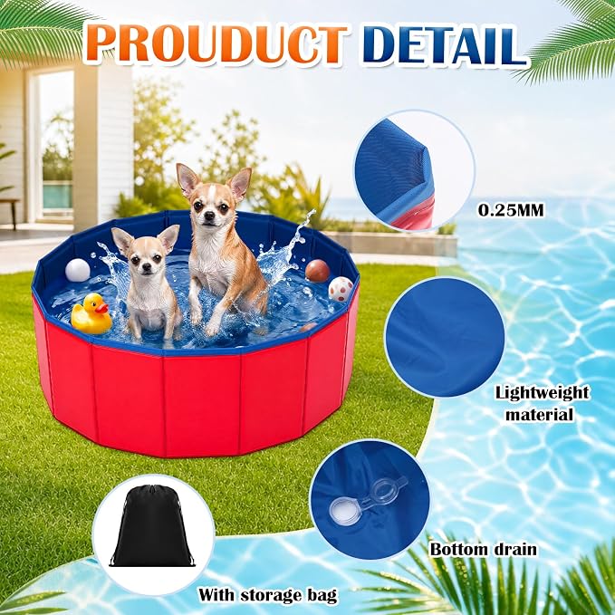Chunful Red Foldable Dog Pool with Storage Bag, Pet Swimming Pool Hard Plastic Portable Bath Tub for Dogs, Cats, Backyard, Beach, and Summer Play, Indoor & Outdoor Use (24" X 8")