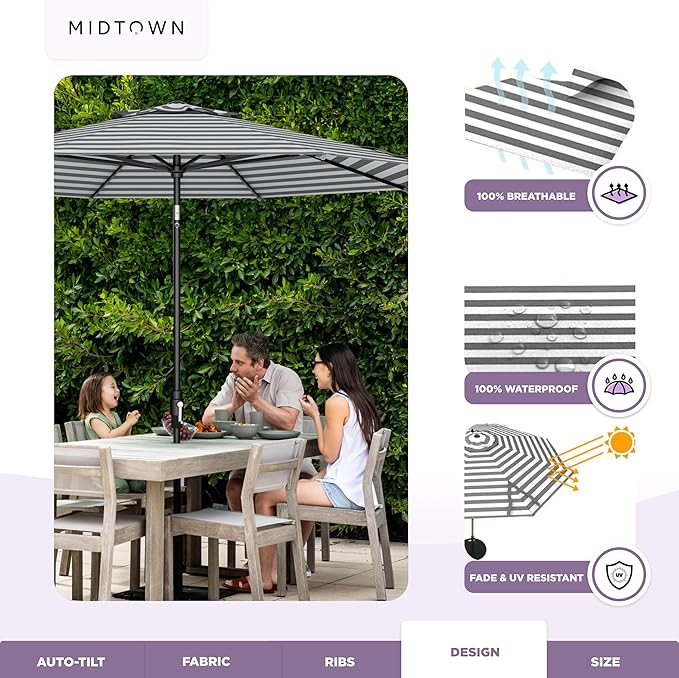 The Swilt 10 Feet Outdoor Umbrella With Terylast Matter Stripes (Grey/White) Polyester Fabric - Fiberglass Ribs, Auto-Tilt And Swivel Aluminum Frame Patio Umbrella For Deck, Garden, Pool - Black Pole