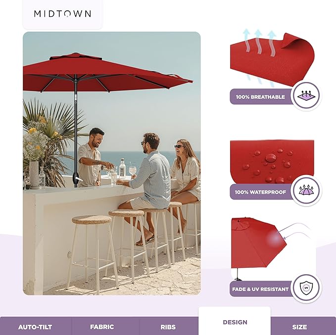 Midtown Umbrellas – The Lean 9 Ft Patio Umbrella with 10-Year-No-Fade Acrylast Acrylic Fabric, Auto-Tilt and 8 Reinforced Ribs for Deck, Pool, Garden, Hotel & Cafes – Regatta Red Canopy, Black Pole