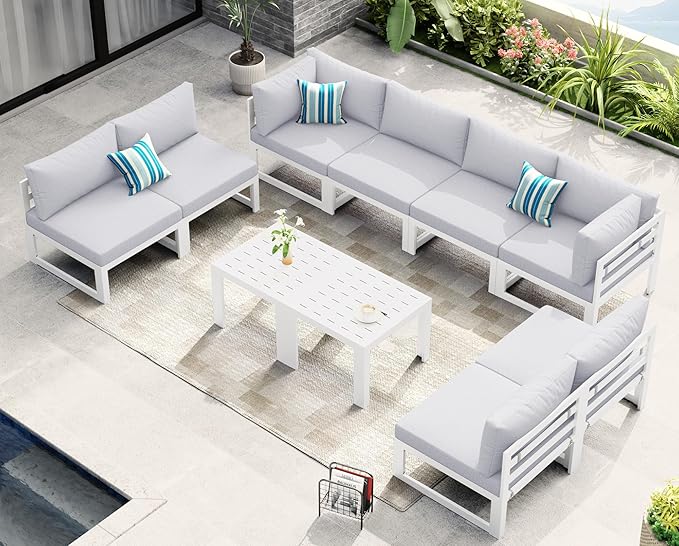 NICESOUL 10 Pcs L-Shaped Contemporary Aluminum Outdoor Furniture Set, 29" Deep Wide Large Couch Set, 500 lbs High Weight Capacity Modular Patio Sectional Sofa with Side Table for Garden, Light Grey