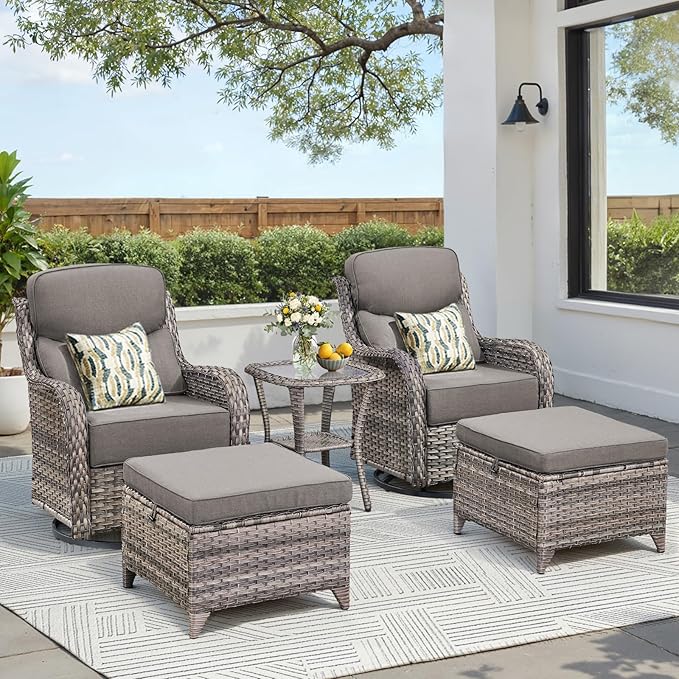 Luxury 5 Pieces Outdoor Patio Furniture Set-All Weather Wicker Outdoor Furniture with Swivel Rocker Patio Chairs 6-inch Extra Thick Cushions Wicker Conversation Set for Garden Porch(Grey/Grey)