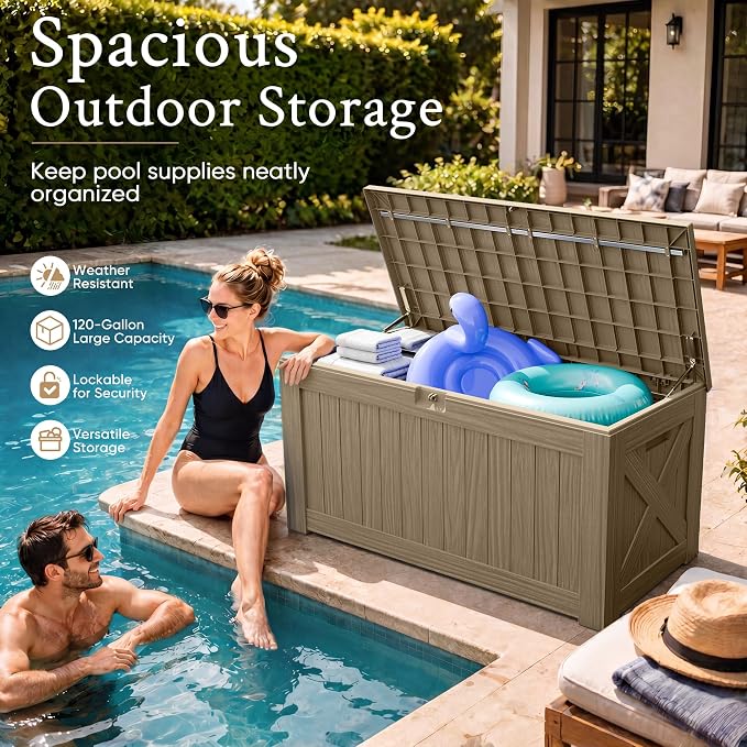 Devoko 120 Gallon Deck Box Resin Outdoor Storage Box Waterproof for Patio, Large Outdoor Storage Bench Lockable for Outside (Brown)
