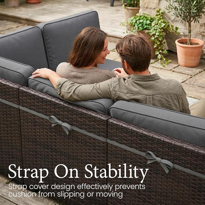 LayinSun 7 Pieces Outdoor Patio Furniture Set with 44" Fire Pit Table Brown Rattan Sectional Sofa Conversation Sets