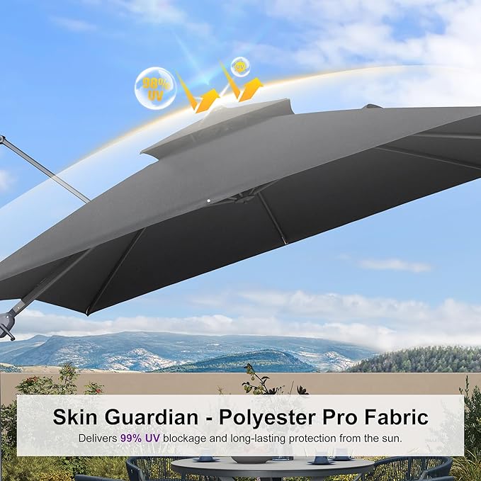 PURPLE LEAF 10 FT Cantilever Patio Umbrella Outdoor Umbrella with 220lbs Base Large Square Windproof Offset Umbrella for Pool Deck Garden, Graphite Grey
