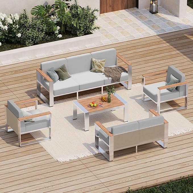 Patio Furniture Set, 5 Piece Aluminum Outdoor Furniture Set with Coffee Table, Wide Seat and Thick Cushions, Modern Outdoor Patio Conversation Sets for Deck, Porch (Teak-Gray)
