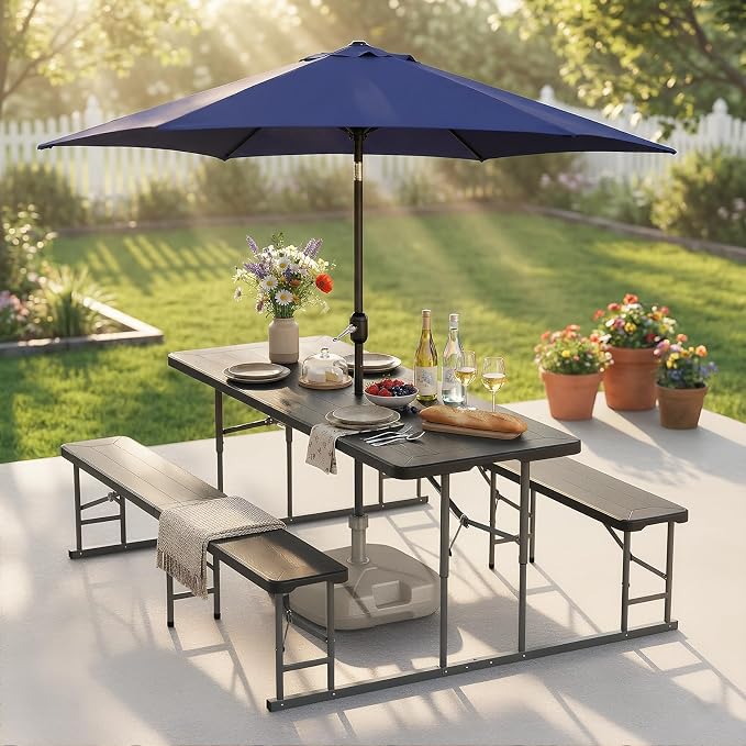 VINGLI Folding Picnic Table and Bench Set with Umbrella, Portable Outdoor Dining Furniture for Camping, Patio, Backyard, Wood Grain Plastic Top with Metal Frame with Dark Blue Umbrella