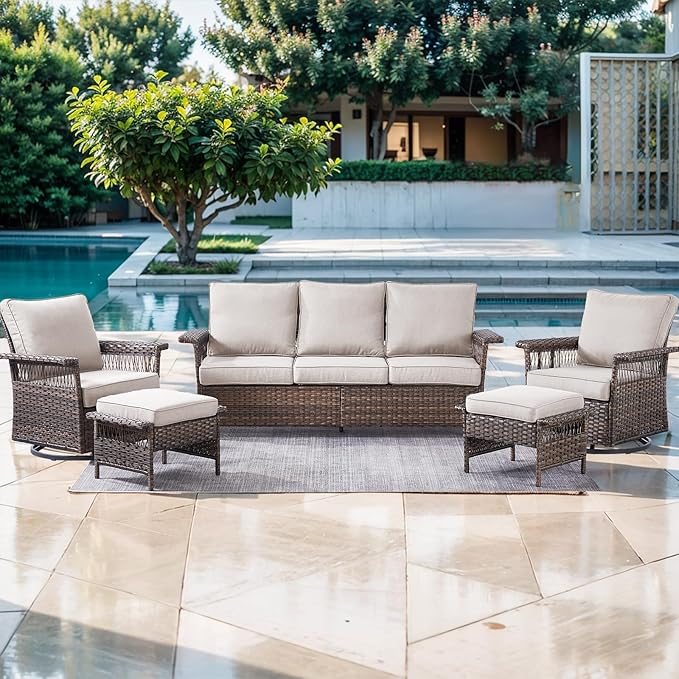Patio Furniture Set 2 Wicker Swivel Glider Chairs 2 PE Rattan Ottomans with Patio PE Rattan Sofa Brown Wicker Beige Cushions Patio Conversation Set 5pcs for Garden Balcony Backyard