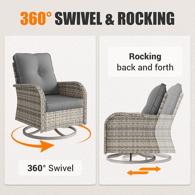 13-Piece Outdoor Patio Furniture Set with Rocking Swivel Chair, Wicker Rattan Sectional Sofa Conversation Set with Tempered Glass Table, Backyard Furniture, Grey