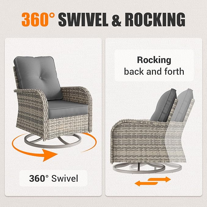 16-Piece Outdoor Patio Furniture Set with Rocking Swivel Chair, PE Wicker Rattan Sectional Sofa Patio Conversation Set with 55,000 BTU Fire Pit Table & Coffee Table, Grey