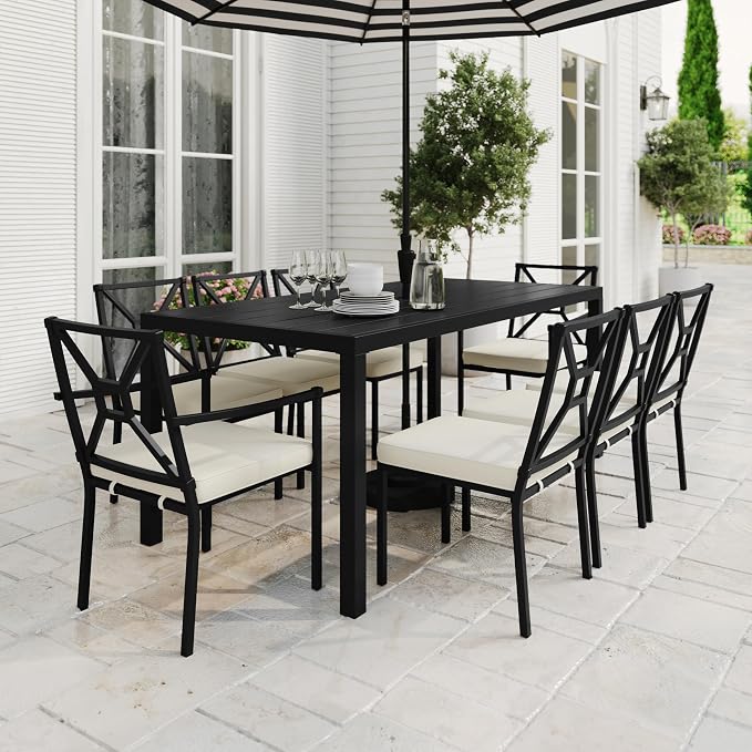 Martha Stewart Lily Pond 72" All-Weather Patio Table with Slatted Tabletop, Umbrella Hole, and Steel Frame in Black